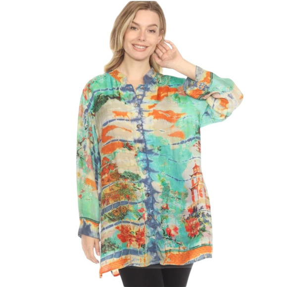 CITRON SANTA MONICA Size Large Chinese Pagoda Tie Dye Button-Up Long Sleeve Top - Picture 2 of 9